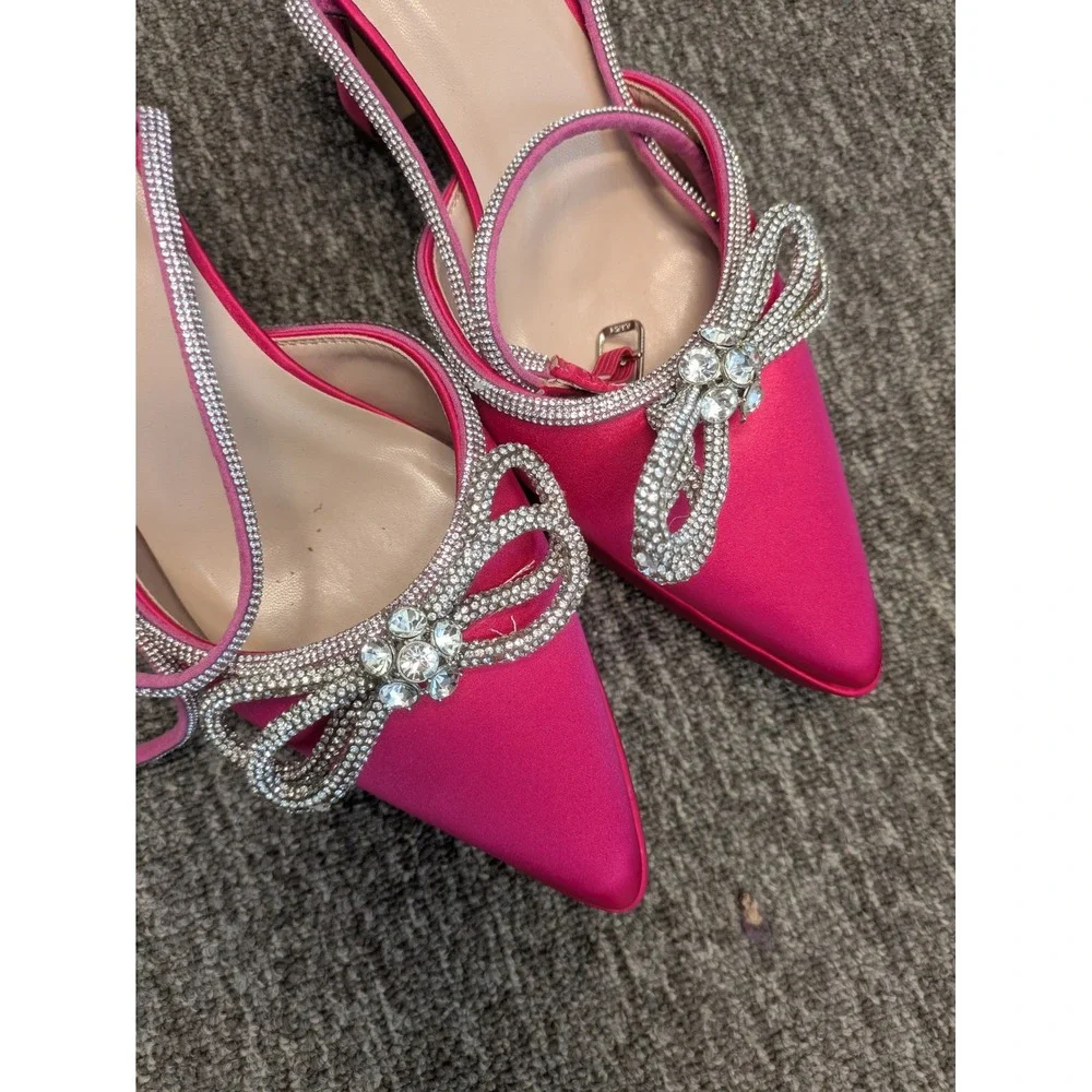 Jenn Ardor Platform Heels‎ Women's 10M Hot Pink Rhinestone Bow Satin Flared Heel